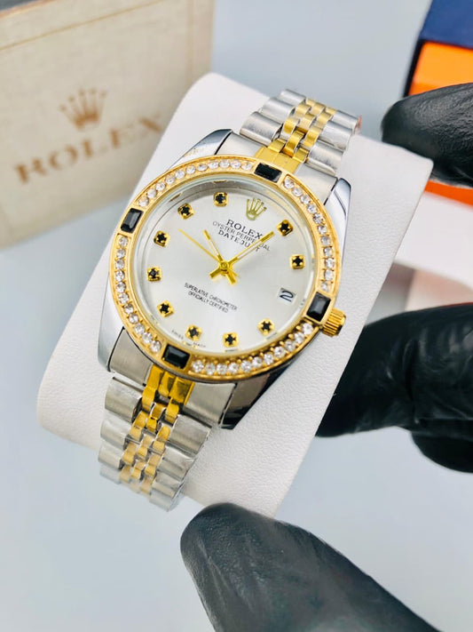luxurious RLX women Gold-silver shaded with Black gem stones