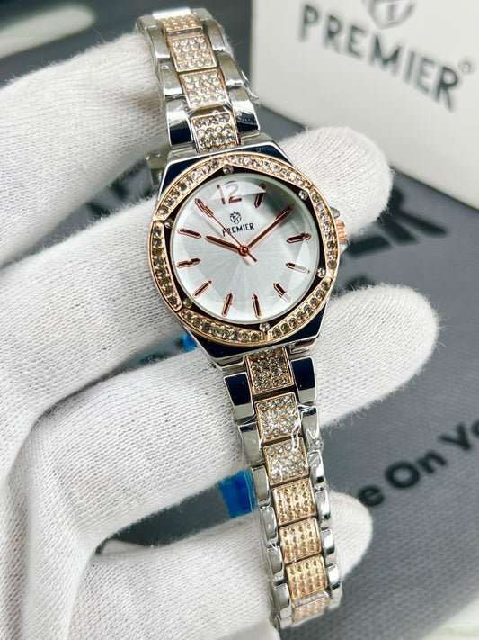 Premier White Crystal Edge Watch – Two-Tone Luxury Chain